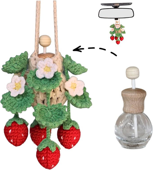 Handmade Crochet Hanging Car Air Freshener - Cute Strawberry Plant Design, 12ml Refillable Thick Glass Bottle, Car Diffuser for Rearview Mirror, Home & Office Decor - Bloomnest