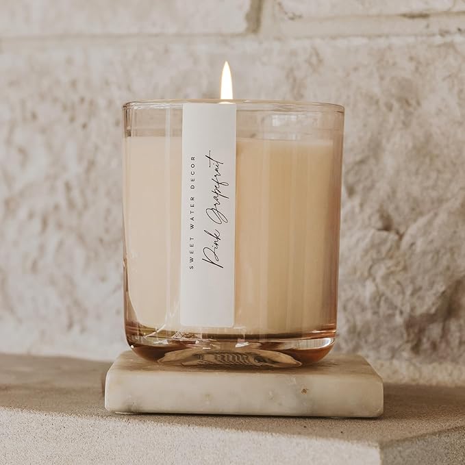 Sweet Water Decor Pink Grapefruit Scented Soy Candles – Grapefruit, Orange, Strawberry, Rose, Musk, Cedarwood – Uplifting Aroma – 50 Hour Burn – 12oz Tinted Glass Jar for Home Decor and Bedroom Decor - Bloomnest