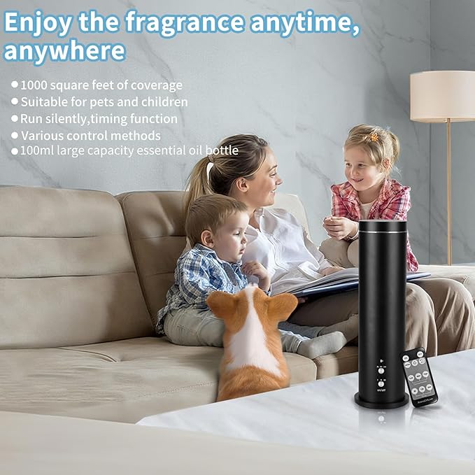 Waterless Essential Oil Diffuser - 1000 Sq Ft Coverage Large Room Scent Diffuser for Home, Office, Hotel and Spas - Aromatherapy Diffuser Fragrance Oil Machine, Remote Control, Timer, Black - Bloomnest