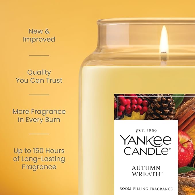 Yankee Candle Autumn Wreath, Fall Scented Candle, 22oz Large Jar with up to 150 Hour Burn Time - Bloomnest