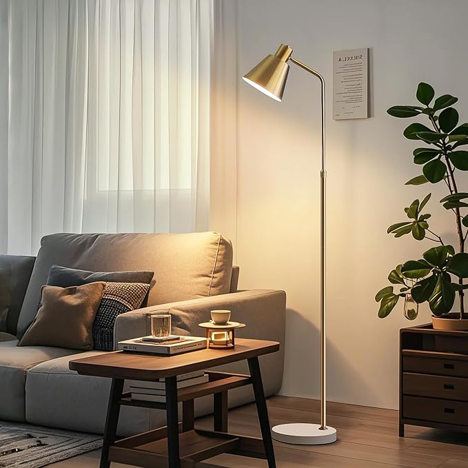 Gold Brass Industrial Floor Lamps with Bright 12W LED Bulb Adjustable 3 Colors, Living Room Sofa Corner Bedroom Bedside Office Study Reading Standing Tall Lights, Unique Modern Home Decor Essentials - Bloomnest