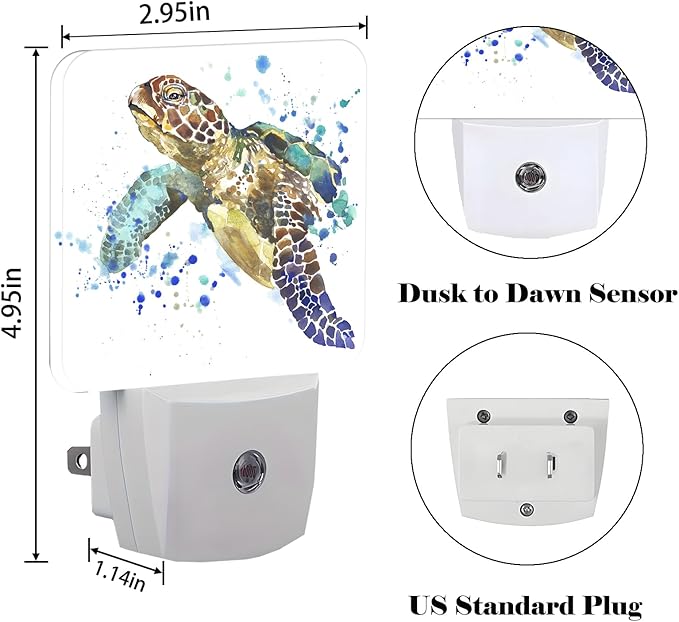 Watercolor Wild Turtle Night Light,Plug-in Nightlights Auto Sensor Night Lamp Dusk to Dawn Lamp Home Decor for Nursery Children Girls Boys - Bloomnest