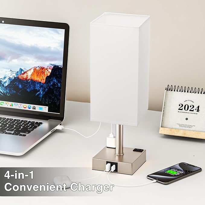 Antique White Touch Table Lamp - Mochaca Gold Bedside Lamp with USB A + Type C Charging Ports and Two AC Outlets, Small Night Stand with E26 LED Bulb, Desk Light for Bedroom Living Room Office Dorm - Bloomnest