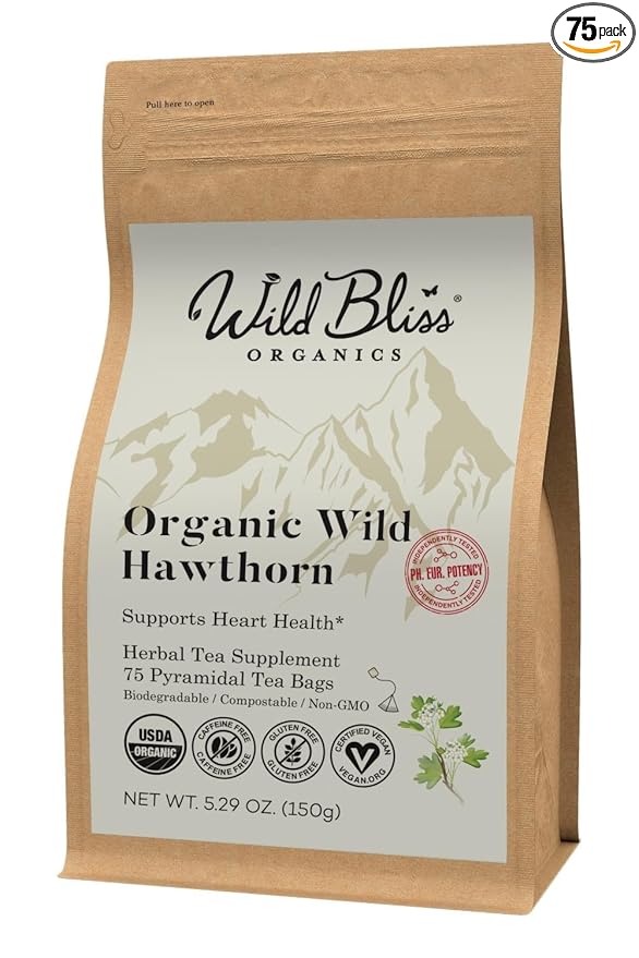 Organic Wild Hawthorn Leaf and Flower Herbal Tea - Caffeine Free - Pharmacopoeia Potency - 75 Plant Based Tea Bags - Bloomnest