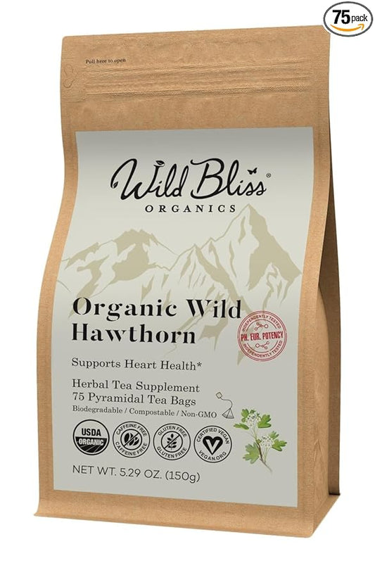Organic Wild Hawthorn Leaf and Flower Herbal Tea - Caffeine Free - Pharmacopoeia Potency - 75 Plant Based Tea Bags - Bloomnest