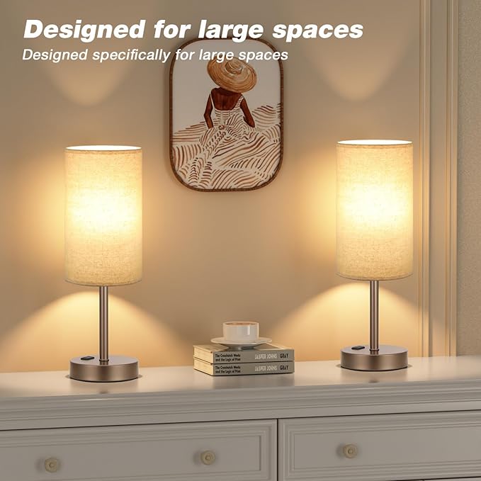 Fenmzee Touch Table Lamp - Beige, 3-Way Dimmable, USB A + C Charging, AC Outlet, 17.4inch Medium, Brown Metal Base - Bloomnest