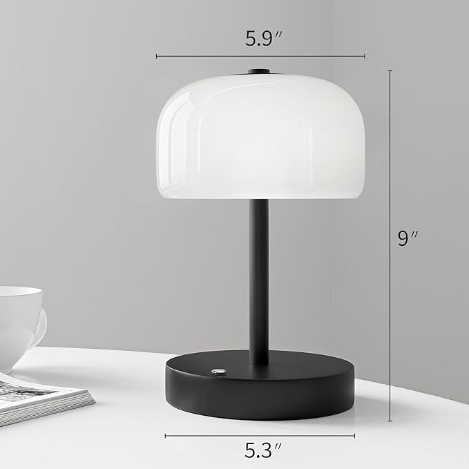 Oneach 2 Pack Cordless Table Lamps, 9" Portable Rechargeable Battery Powered Desk Lamp, Opal Glass Shade, 3 Level Brightness Dimmable, Mushroom Table Lamps for Bedroom, Living Room, Outdoor, Black - Bloomnest