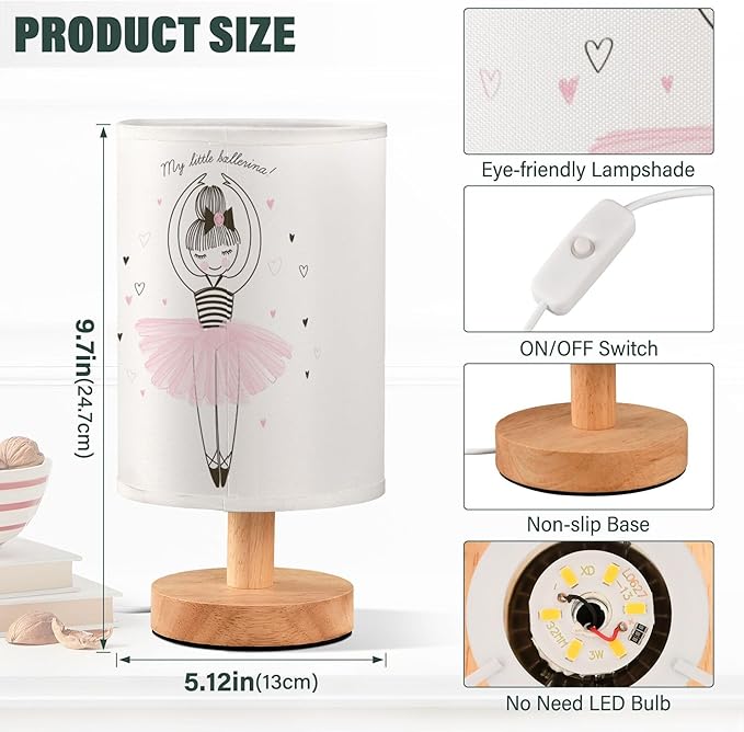Table Lamp Cute Ballerina Girl Princess Dancing Ballet with Heart Nightstand Lamp with Wood Base Fabric Lamp Shade Bedside Desk Lamp for Living Room Bedroom Kids Room Office - Bloomnest