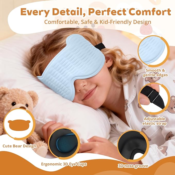 3D Kids Sleep Mask – Cute Bear Eye Mask for Sleeping, Comfortable Memory Foam Sleep Mask for Kids, Adjustable Strap and Lightweight Sleeping Mask for Boys Girls Teens Ages 5-15 (Blue) - Bloomnest
