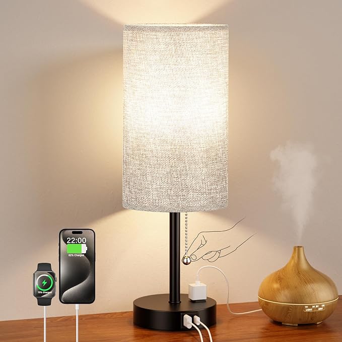 17.4Inches Grey Bedside Lamp for Bedroom Nightstand - Tall Table Lamp with USB A + C Charging Port & AC Outlet, 3 Color Temperatures Pull Chain Light, Side Table Desk Reading Lamp for Living Room - Bloomnest