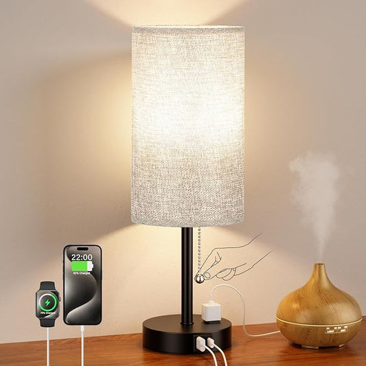 17.4Inches Grey Bedside Lamp for Bedroom Nightstand - Tall Table Lamp with USB A + C Charging Port & AC Outlet, 3 Color Temperatures Pull Chain Light, Side Table Desk Reading Lamp for Living Room - Bloomnest