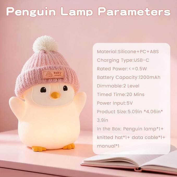 Penguin Night Light, Cute Pink Penguin Lamp with Knit Hat, Soft Silicone Nursery Nightlight for Baby, Rechargeable/Dimmable/Timer,LED Squishy Novelty Animal Bedside Lamp,Funny Gifts for Kids - Bloomnest