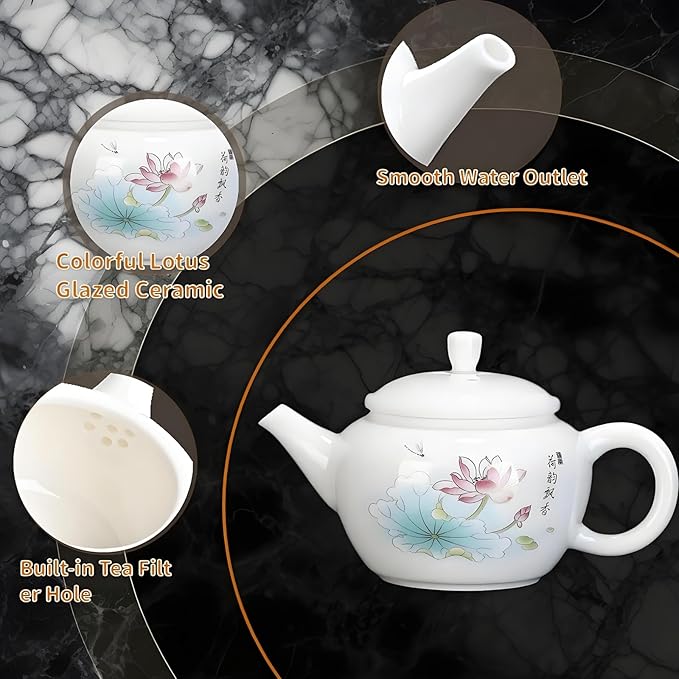 Lotus-Painted Chinese Gongfu Porcelain Tea Set: 6 Teacups & 1 Teapot. Made of Chinese/Japanese-style porcelain, ideal as a gift for business occasions & holidays (Lotus Design) - Bloomnest