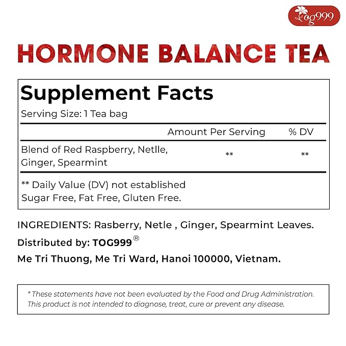 TOG999, 60 Tea Bags for Hormone Balance Menstrual Cycle Support, 100% Natural & Pure from Red Raspberry Leaves with Spearmint Flavor. Natural Material Tea Bags. No Sugar, No Caffeine, Vegan. - Bloomnest