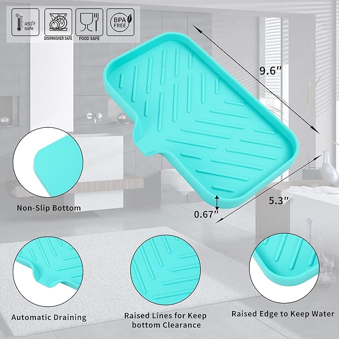 Silicone Bathroom Soap Dishes with Drain Spout-Bathroom and Kitchen Sink Organizer,Sponge Holder,Dish Soap Tray,Perfect for Dispenser,Scrubber,Bottle,Cup on Sink or Counter-Mint 9.6"×5.3" - Bloomnest