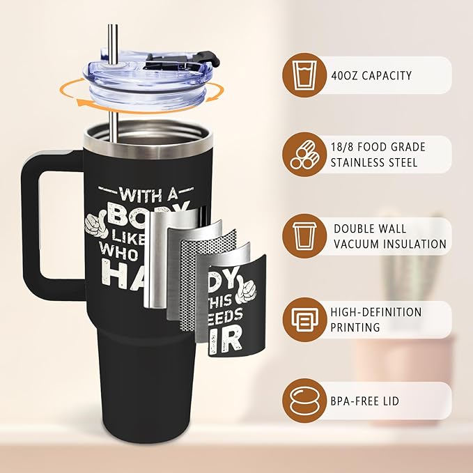 DUUV Funny Bald Guy Tumbler 40 Oz, 'With a Body Like This Who Needs Hair' Funny Insulated Mug for Christmas Thanksgiving, Gag Gifts for Bald Men, Gym Lovers, Husbands, Boyfriends, Dad Jokes, 1PCS - Bloomnest