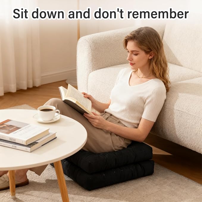 Tiita Square Floor Pillow, Thicken Tufted Seat Cushion, Floor Cushion for Yoga Meditation Living Room Balcony Office Outdoor, Set of 2, 22x22 Inch, Black