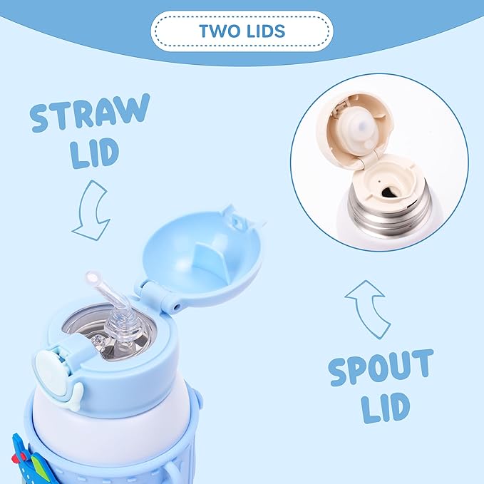 Kids Insulated Tumbler Set – 16oz Stainless Steel Water Bottle with Straw & Pour Lids, Screw-On Cup, Adjustable Strap, Silicone Sleeve & Charms – Leakproof BPA-Free Bottle for Boys & Girls - Bloomnest
