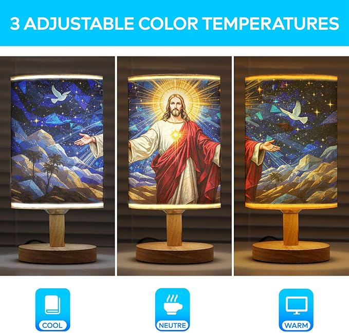 Jesus Christ Table Lamp LED 3-Color Pressed Bedside for Merry Christmas, Jesus Christ Shade Christmas Table Lamp with Wood Base for Bedroom Living Room Desk Office - Bloomnest