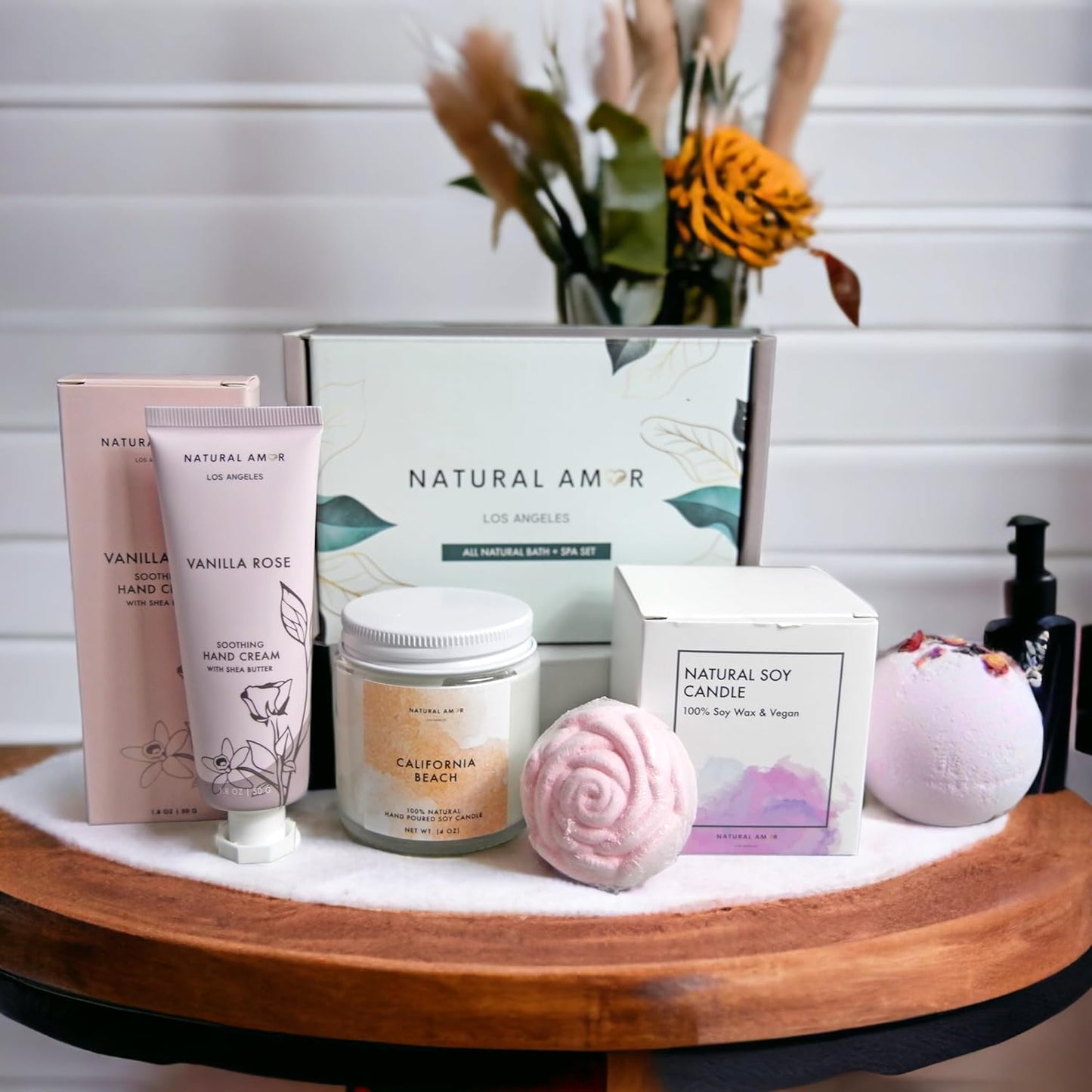 Natural Amor Relaxation Spa Gift Set for Women, 5 Piece Bath & Body Box with Candle, Hand Cream, Bath Bombs & Headband, Self Care Gift for Her