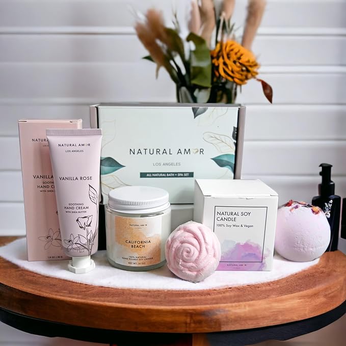 Natural Amor Relaxation Spa Gift Set for Women, 5 Piece Bath & Body Box with Candle, Hand Cream, Bath Bombs & Headband, Self Care Gift for Her - Bloomnest