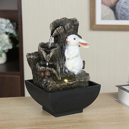 Cascading Rock Tabletop Fountain, Cute Indoor Waterfall Fountain with Colored LED Lights and Rolling Ball, 3 Tiered Desktop Fountain for Office Home Bedroom (Rabbit)