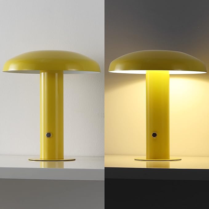 JONATHAN Y JYL7114C Suillius 11" Contemporary Bohemian Rechargeable/Cordless Portable Iron Integrated LED Mushroom Table Lamp Modern, Coastal Bedside Desk Nightstand Lamp, Yellow - Bloomnest