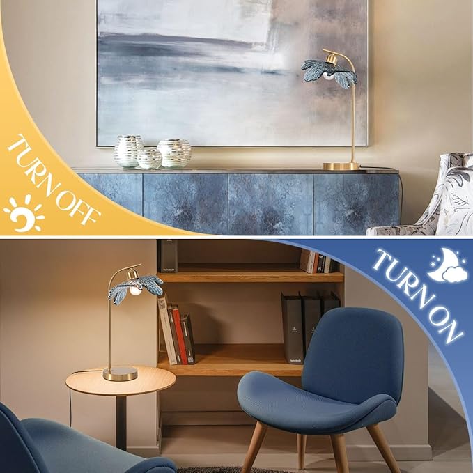 Gold Table lamp Touch Table lamp with Blue Glass Flower Shade Mid Century Modern Lamps Bedside nightstand lamp Side Table Lamps Small Table lamp for Bedroom Living Room Office Farmhouse - Bloomnest