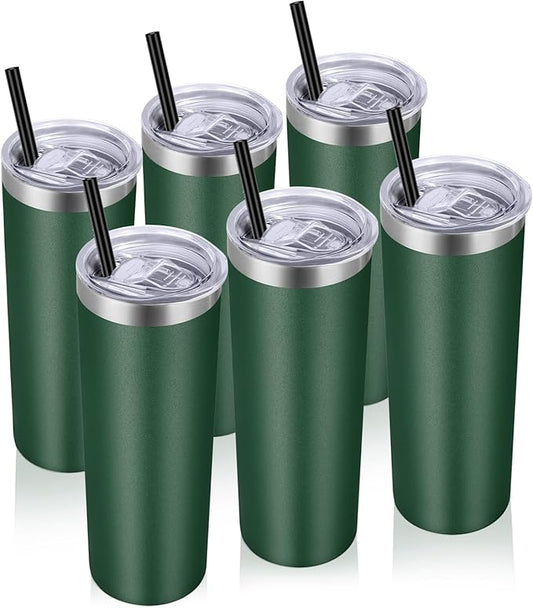 VEGOND Stainless Steel Tumblers Bulk 6 Pack, 20 oz Vacuum Insulated Skinny Tumblers with Lid and Straw, Double Wall Coffee Mug, Travel Water Cup, Dark Green - Bloomnest
