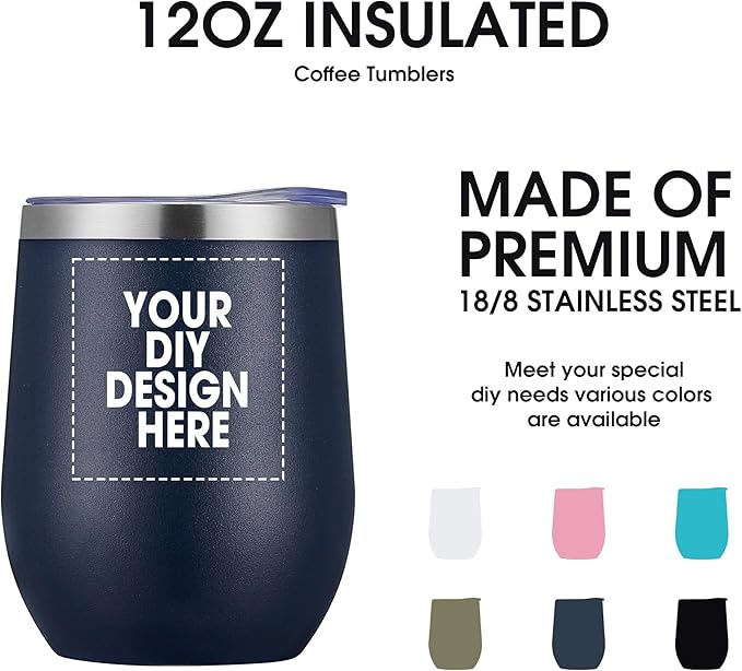 Personalized Custom Wine Tumbler Print in USA 12oz Stainless Steel Travel Coffee Cup with Lid & Straw Double Wall Insulated Mug with Colorful Text Logo Photo - Bloomnest