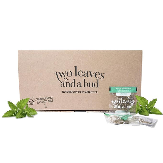 Two Leaves and a Bud Organic Peppermint Tea Bags, Naturally Caffeine Free, Herbal Whole Leaf Peppermint Tea in Compostable Sachets, 100 Count (Pack of 1) - Bloomnest