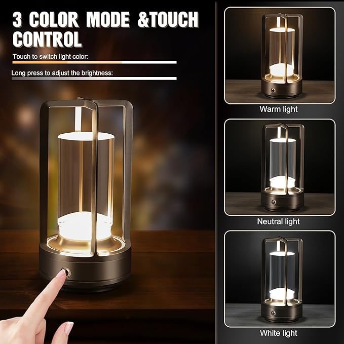 Portable Metal Table Lamp,Cordless Table Lamp, Rechargeable Battery Operated Lights, LED Table Lamps, 3 Color Stepless Dimming Touch, for Bedroom Restaurant Home Outdoor (Sliver) - Bloomnest