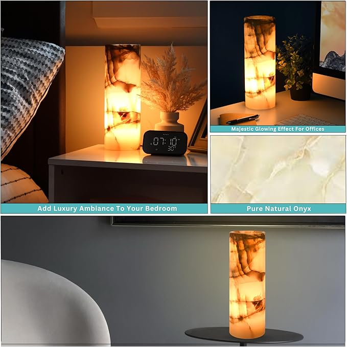 UMAID Handcrafted Onyx Marble Table Lamp, Each Lamp One-of-a-Kind with Natural Patterns, Warm Amber Glow, Dimmable Cord & Bulb, Modern Home Decor for Bedroom, Desk, Office, Living Room, or Bedside