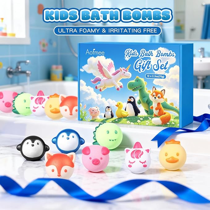 Aofmee Bath Bombs for Kids, 12 Pcs Kids Bath Bombs with Essential Oil, 6 Animal Shapes and Fruity Aroma, Natural Organic Spa Gift Set for Boys Girls, Birthday Christmas Halloween - Bloomnest