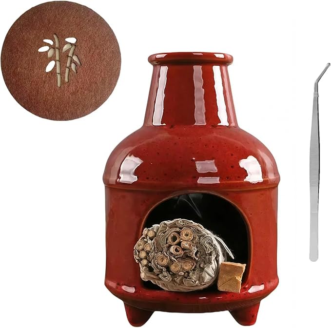 Handmade Red Ceramic Palo Santo Holder Burner & Sage Holder - Mini Tabletop Chiminea Burner Tray with Ash Catcher, Decorative Incense Holder for Spiritual Meditation & Yoga