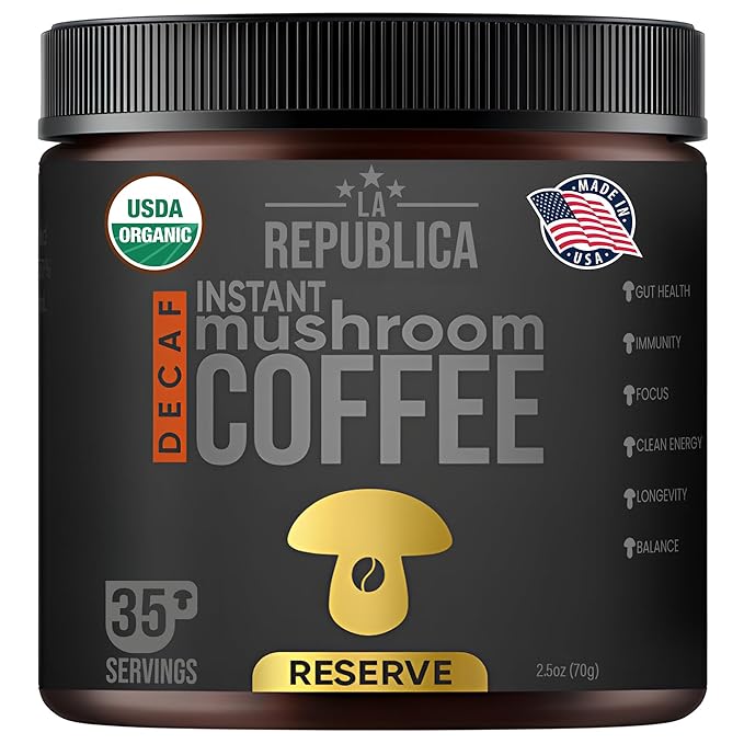 La Republica Founders Reserve Decaf Instant Mushroom Coffee Organic (35 Servings), Premium 50% More Shrooms, Rich Flavor - Bloomnest