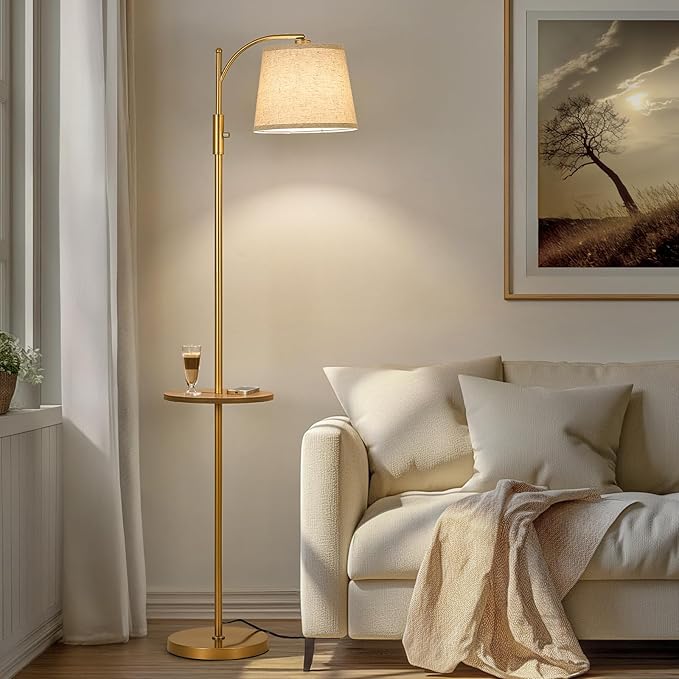 AIDENOEY Fully Dimmable Floor Lamp for Living Room，Standing Lamp Rotary Switch with Table&Linen Beige Shade，Golden Tall Lamps for Bedroom with Adjust Head，9W LED Bulb Included - Bloomnest