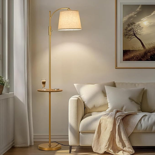 AIDENOEY Fully Dimmable Floor Lamp for Living Room，Standing Lamp Rotary Switch with Table&Linen Beige Shade，Golden Tall Lamps for Bedroom with Adjust Head，9W LED Bulb Included - Bloomnest