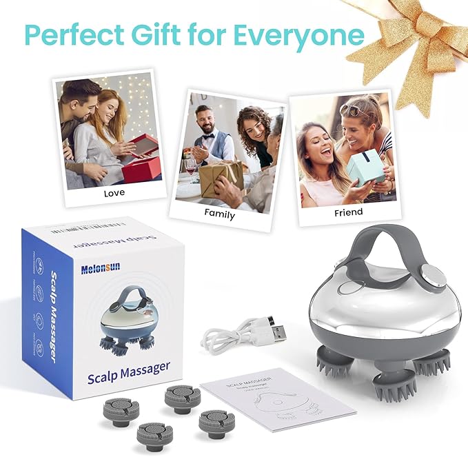 Rechargeable Electric Scalp Massager & Face Massage, IPX7 Waterproof Anti-Tangle Head Massager with 8 Claws, 3 Speeds & 2 Modes, USB-C, Deep Relaxation for Stress Relief, Self-Care & Pet Grooming Melonsun
