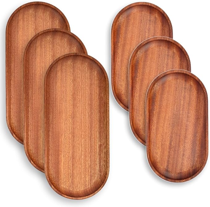 6 Pack Solid Wood Serving Platters and Trays of Natural Wood with Edge,Rectangular Avoid Sliding and Spilling Food (Walnut Trays x 6Pack) - Bloomnest