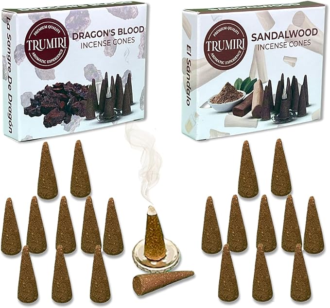 TRUMIRI Incense Cones - Combo Pack of 20 Cone Incense - 10 Dragons Blood + 10 Sandalwood - Insence Cones - Incense Cones Scented - Cone Incense Scents - Insense Cones - Incent Cone TRUMIRI