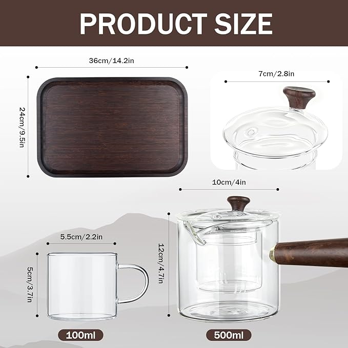 Bokon 8 Pcs Chinese Gongfu Tea Set Portable Fluted Glass Teapot with Infusers 6 Transparent Glass Cups and Bamboo Gongfu Tea Tray for Home Travel Office Outdoor Gifts