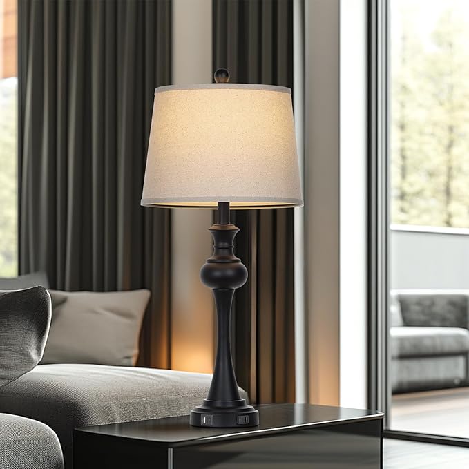 28.75'' Modern Black Metal Table Lamps Living Room Lamp for Nightstand Bedside End Lamp Home Decor Touch Lamp Modern Lamps with USB A+C Ports & Outlets （Bulb Included） - Bloomnest