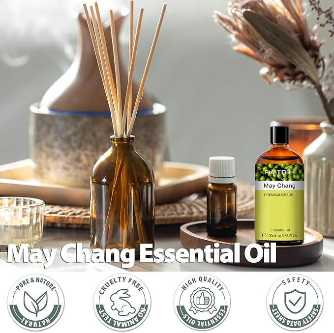PHATOIL May Chang Essential Oil, Pure Premium Natural Oil for Hair Care, Body Skin Care, Aromatherapy, DIY Candle, Soap Making 3.38Fl Oz - Bloomnest