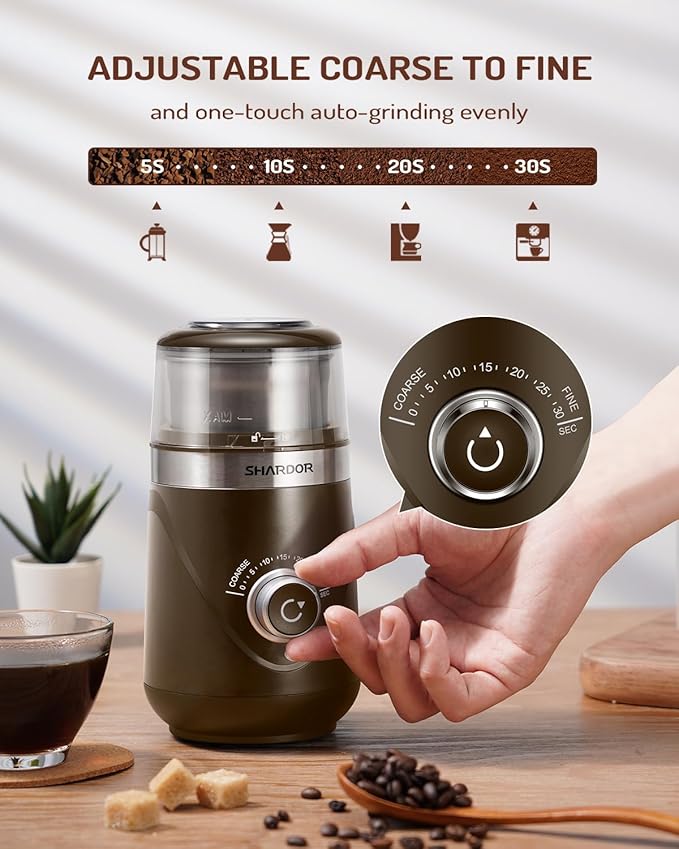 SHARDOR Electric Super Silent Blade Coffee Grinder, Timed Grind Control Rotary Knob, Adjustable Coarse to Fine for Coffee Beans, Spices & Herbs, with 1 Removable Stainless Steel Bowl, Brown - Bloomnest