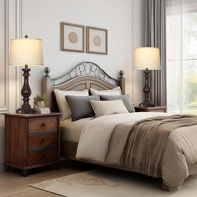 29" Tall Farmhouse Table Lamp for Living Room Set of 2,Vintage Retro Nightstand Lamps with USB C+A Ports & AC Outlet,3-Way Dimmable Touch Bedside Lamp for Bedroom Side Table,Dark Brown - Bloomnest