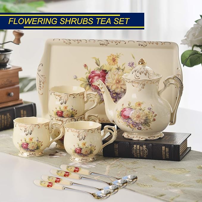 YOLIFE Porcelain Tea Set, Vintage Flowering Shrubs Teapot and Cups Set for Tea Party, Birthday Gifts for Mom Adults Women Wedding - Bloomnest