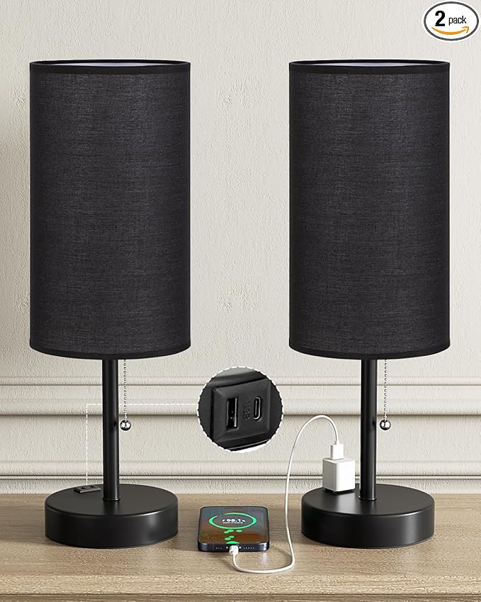 Fenmzee Large Black Bedside Lamps Set of 2-3 Color Temperatures Pull Chain Lamp with AC Outlet Charging Port, Two Round Night Stand Lamps for Bedroom Guest Room Office, Bed Side Light - Bloomnest