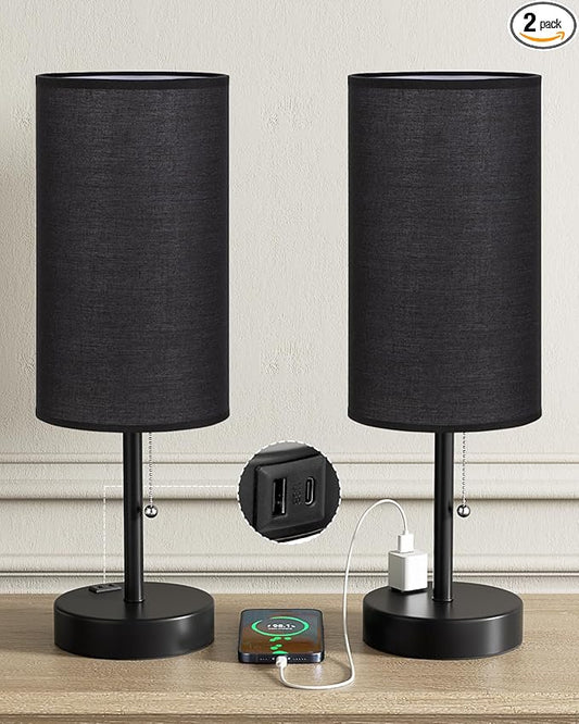 Fenmzee Large Black Bedside Lamps Set of 2-3 Color Temperatures Pull Chain Lamp with AC Outlet Charging Port, Two Round Night Stand Lamps for Bedroom Guest Room Office, Bed Side Light - Bloomnest
