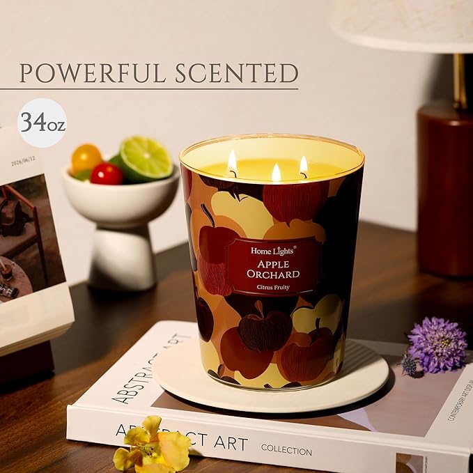 HomeLights Large jar Candle | 3-Wick Long-Lasting Scented Candles, 34oz Natural Soy Wax Candle for Home Scented, Eclectic Mixed Styles Gifts for Women & Men, Apple Orchard - Bloomnest
